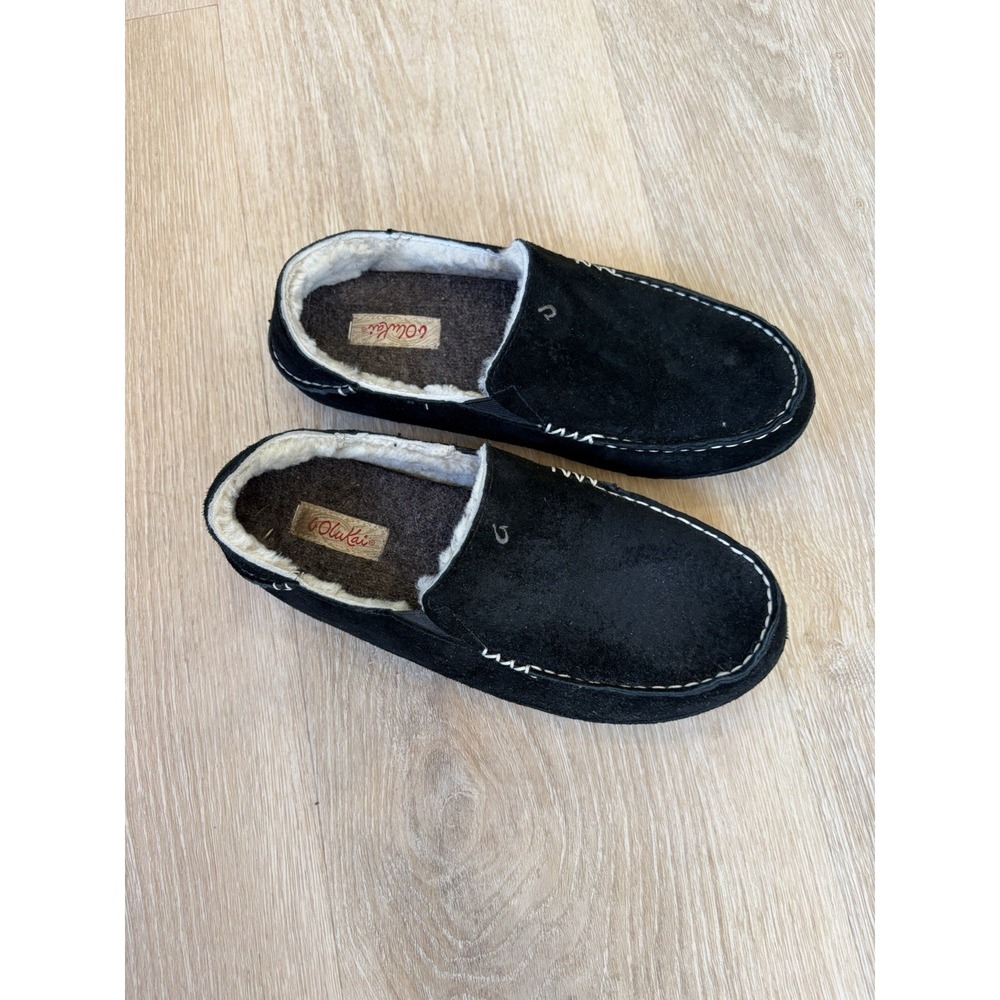 Olukai Nohea Nubuck Black Leather Shearling Wool Slippers Sz 8 EUC